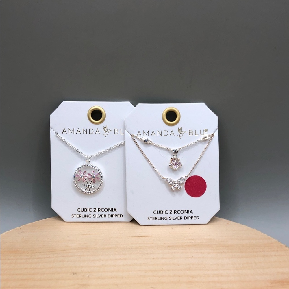 Amanda Blu Sterling Silver Plated 2 Dainty Chain CZ Necklaces Butterfly Flowers.